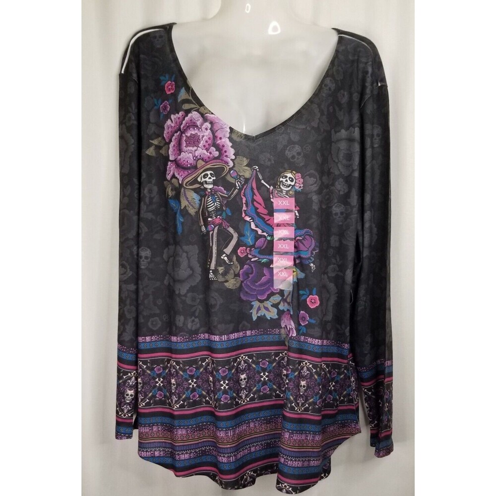 One World Women's Tunic Top Charcoal Studded Bohemian New Tags Size XXL